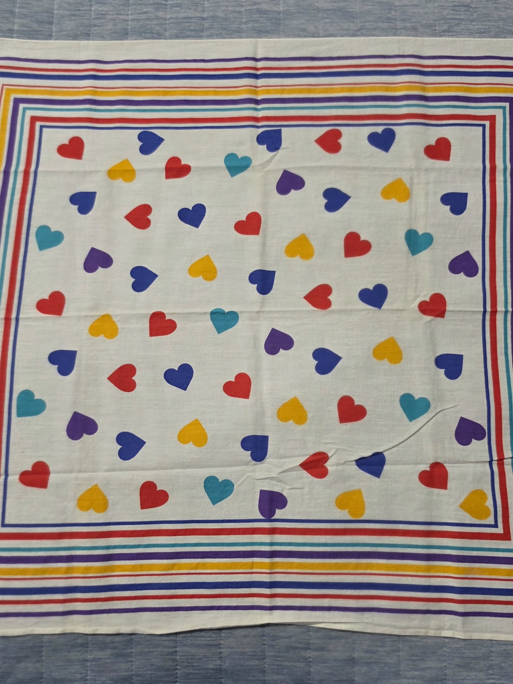 Vintage 1970s Heart Bandana Scarf 21" Cotton Made in USA Rainbow Colorfast RN 14